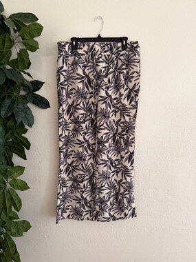 Messini Tropical Print Cream Black Wide Leg Pants Large